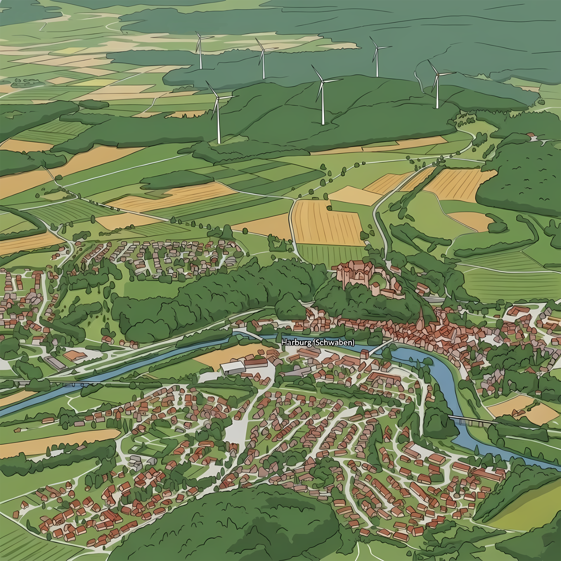 Visualisierung der 6 geplanten Windräder auf dem Bock. Die Stadt Harburg ist im Vordergrund zu sehen.