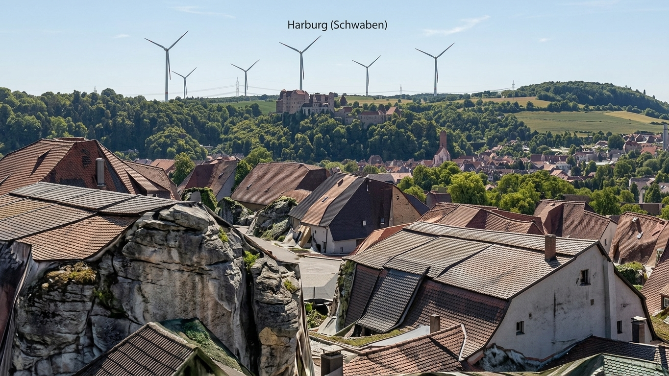 Simulierter Blick über Harburg vom Am Bitschle 16 aus gesehen.